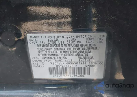 2013 Nissan Versa 1.6 Sv из США, поврежденный, VIN 3N1CN7APXDL841306